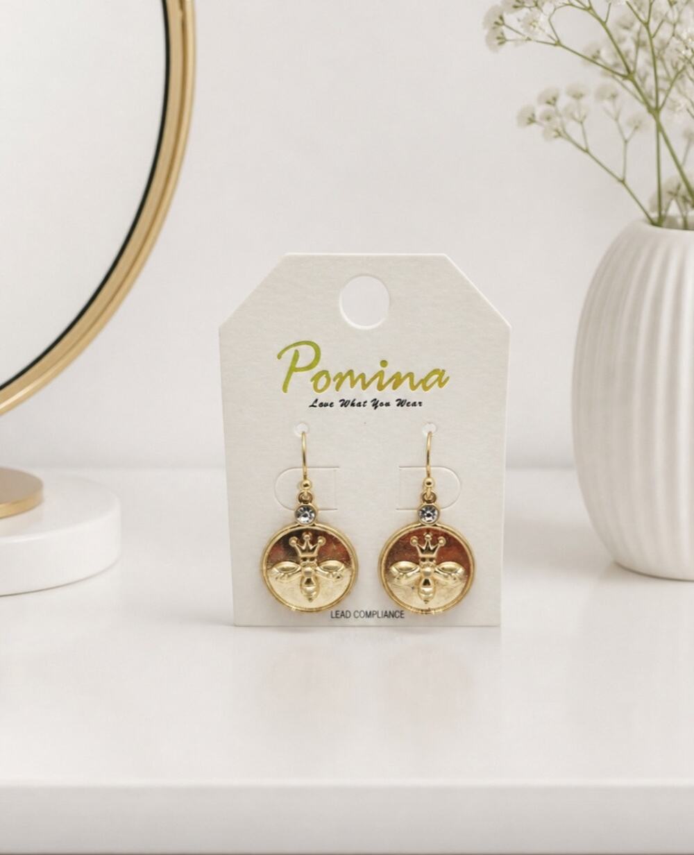Pomina Gold Round Bee Earrings New